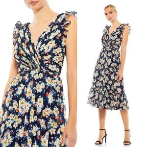 Ieena for Mac Duggal Flowy Floral Print VNeck Cap Sleeve Midi Dress NWT Size 16